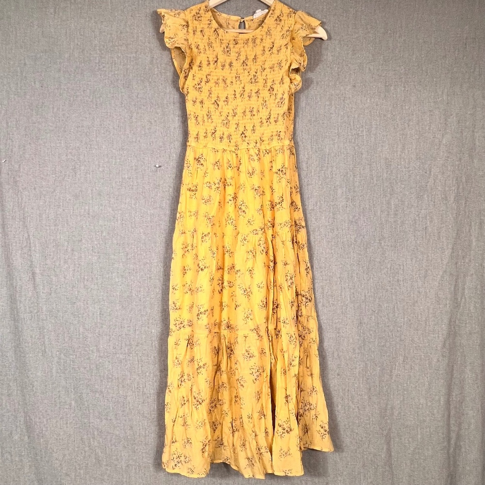 By The River Floral Maxi Dress M Flutter Sleeve Tiered Peasant Milkmaid Stretch